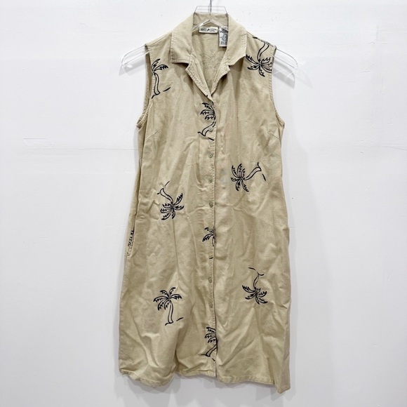 Vintage White Stag Sleeveless Rayon Linen Shirt Dress Printed Palm Tree - Picture 1 of 6